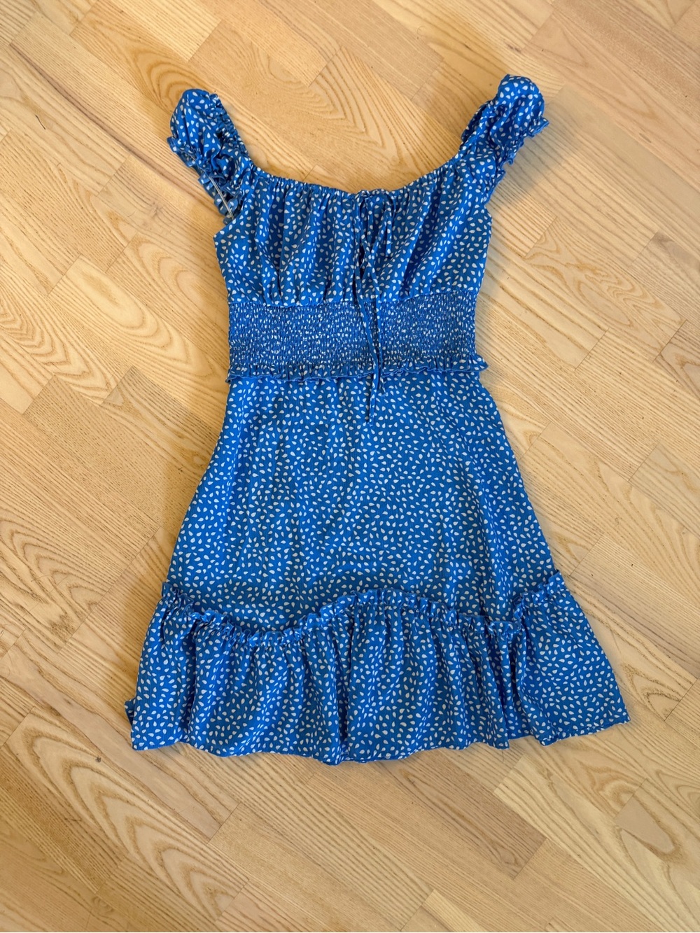 Blue Smocked Ruffle Mini Dress with White Dot Print
